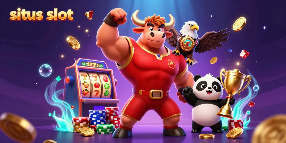 Gambarkan situs slot dengan simbol buah dan 7 keberuntungan pada mesin slot di samping banteng dan panda dalam suasana ceria.