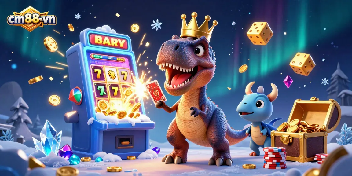 Engage with cm88-vn's exciting casinos, featuring a T-Rex shuffling cards among golden chips and jackpot bursts.