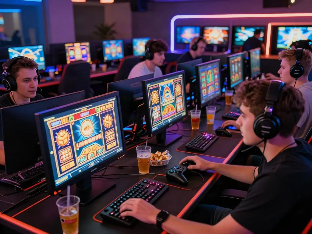 Enthusiastic players at an akunjp online gaming session, immersed in vibrant slot games with dynamic screens.
