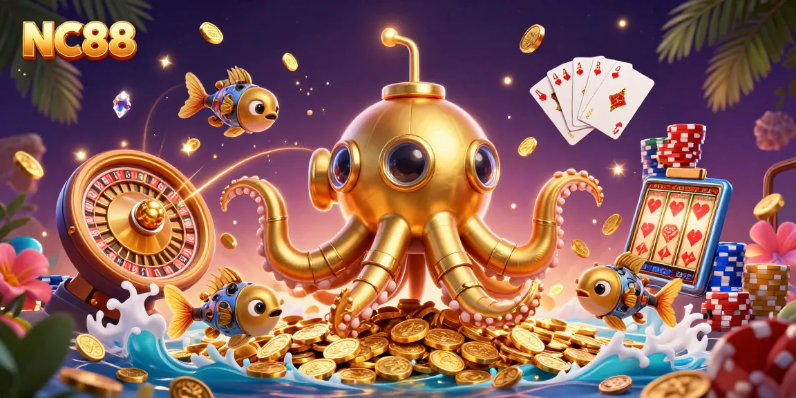 Experience the thrill of NC88's 3D casino adventure with golden kraken and vibrant slot reels.