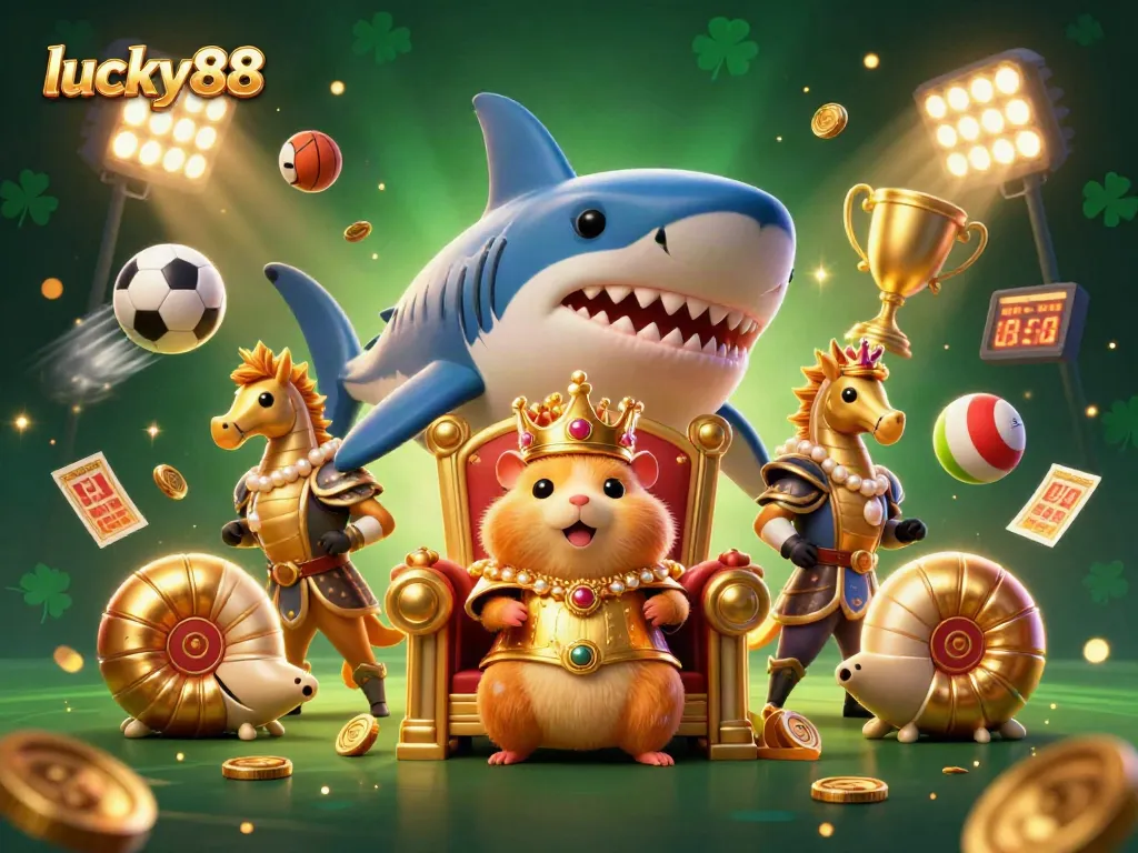 Experience the excitement of lucky88 with a vibrant 3D illustration of a golden hamster king and dynamic sports elements.