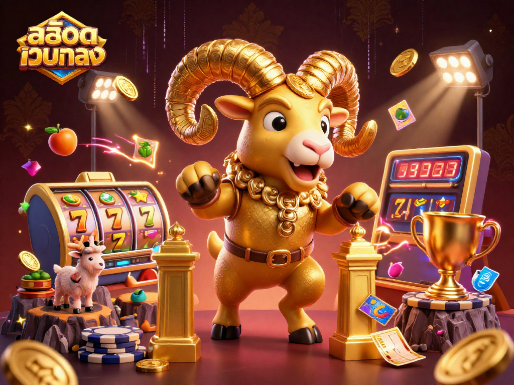Experience สล็อตเว็บตรง with thrilling slot reels and golden jackpot symbols in a vibrant 3D scene.