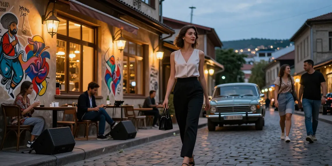 Elegant escort Tbilisi walking in lively urban setting, vibrant nightlife scene.