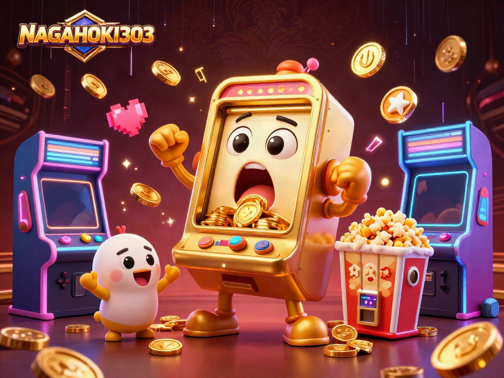 NAGAHOKI303 menampilkan mesin slot emas kartun yang terkejut dengan jackpot, dikelilingi mesin lainnya dan efek neon.