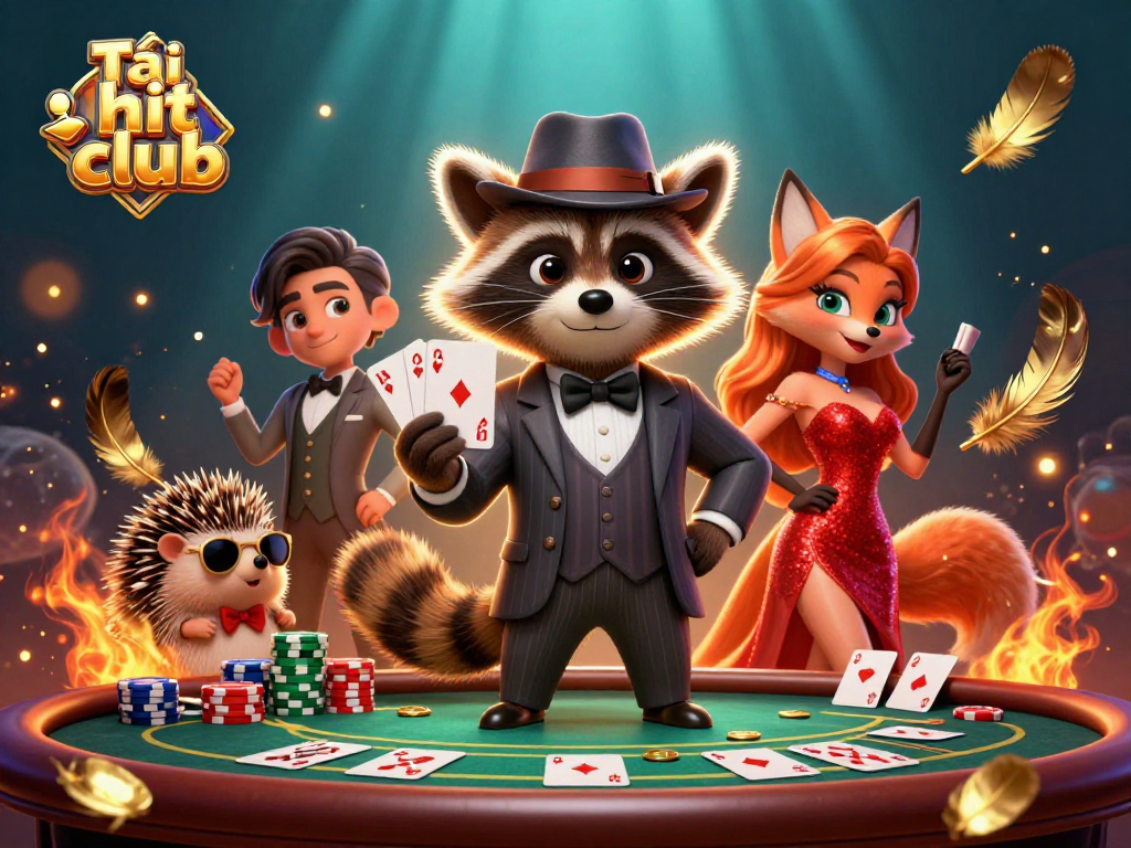 Engage in thrilling gameplay with Tải hit club, featuring a raccoon holding a royal flush with vibrant casino elements.