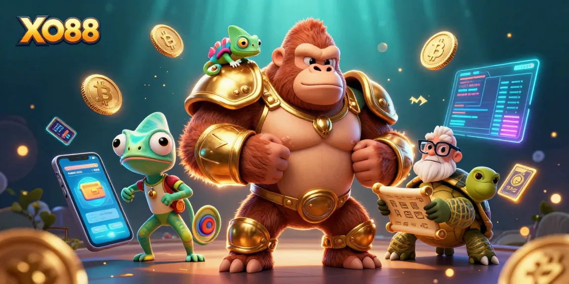 Experience excitement at XO88 with a vibrant 3D casino illustration featuring characters and crypto elements.