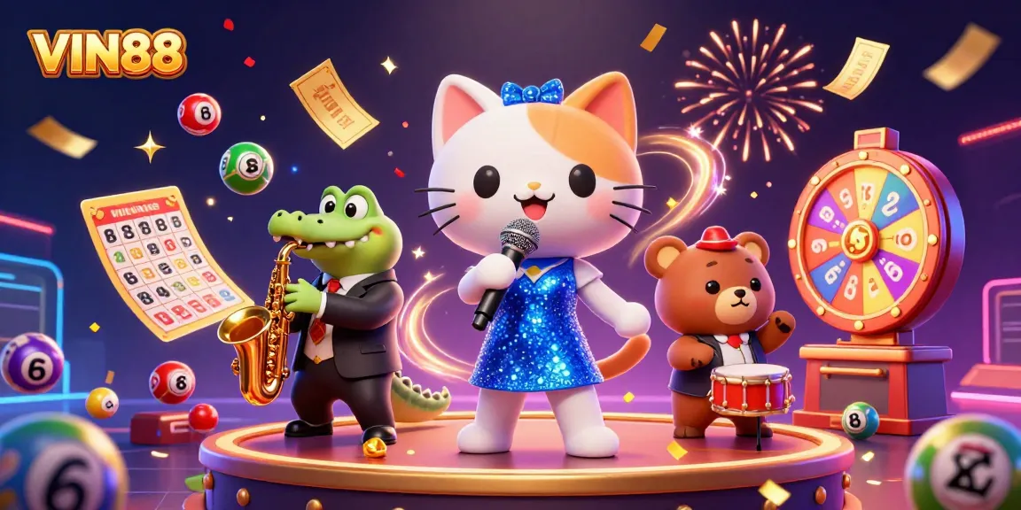 Engage in unforgettable gaming moments with VIN88 at a vibrant casino scene lit by fireworks.
