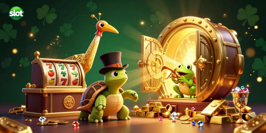 Experience the thrill of slot machines in an exciting casino scene with vibrant characters and treasures.