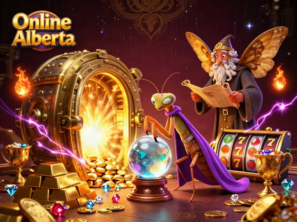 Experience Online Casino Alberta with a vibrant illustration of a mystical fortune teller and treasures.