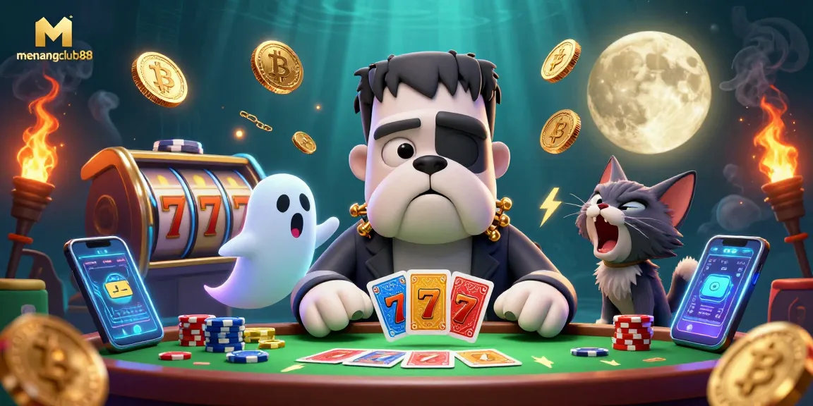 Experience the thrill of menangclub88 as a 3D cartoon Frankenstein bulldog deals cards at a haunted casino.