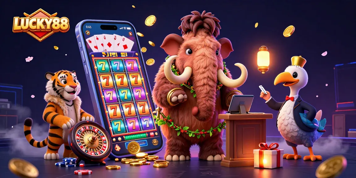 LUCKY88 invites players to enjoy thrilling slot games with a lively 3D casino scene.