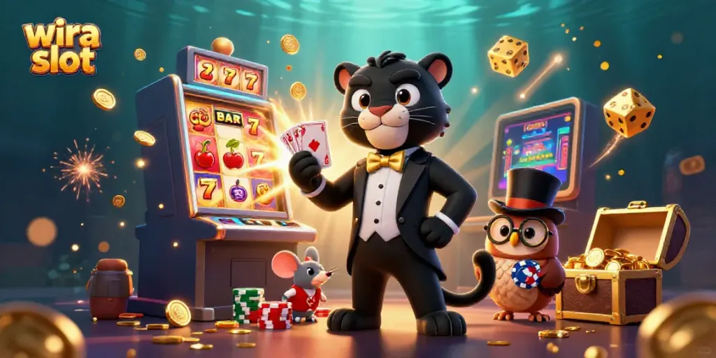 Engage in thrilling gameplay with wira slot as characters parade around a dynamic casino scene filled with vibrant gaming elements.