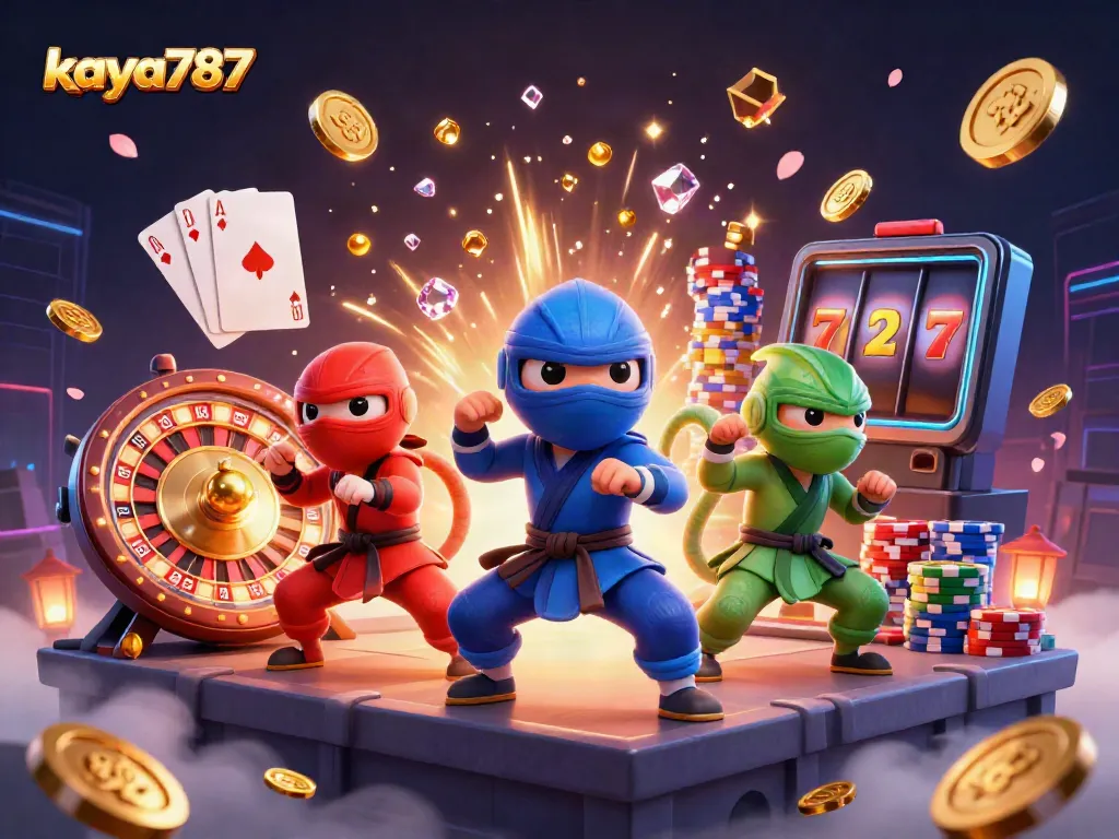 Kaya787 casino action with ninja chameleons in dynamic poses, surrounded by vibrant casino elements.