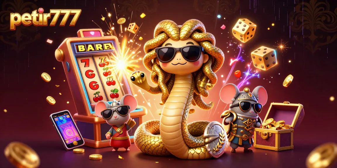 Engage in thrilling games with petir777's vibrant casino scene featuring slot machines and playful characters.