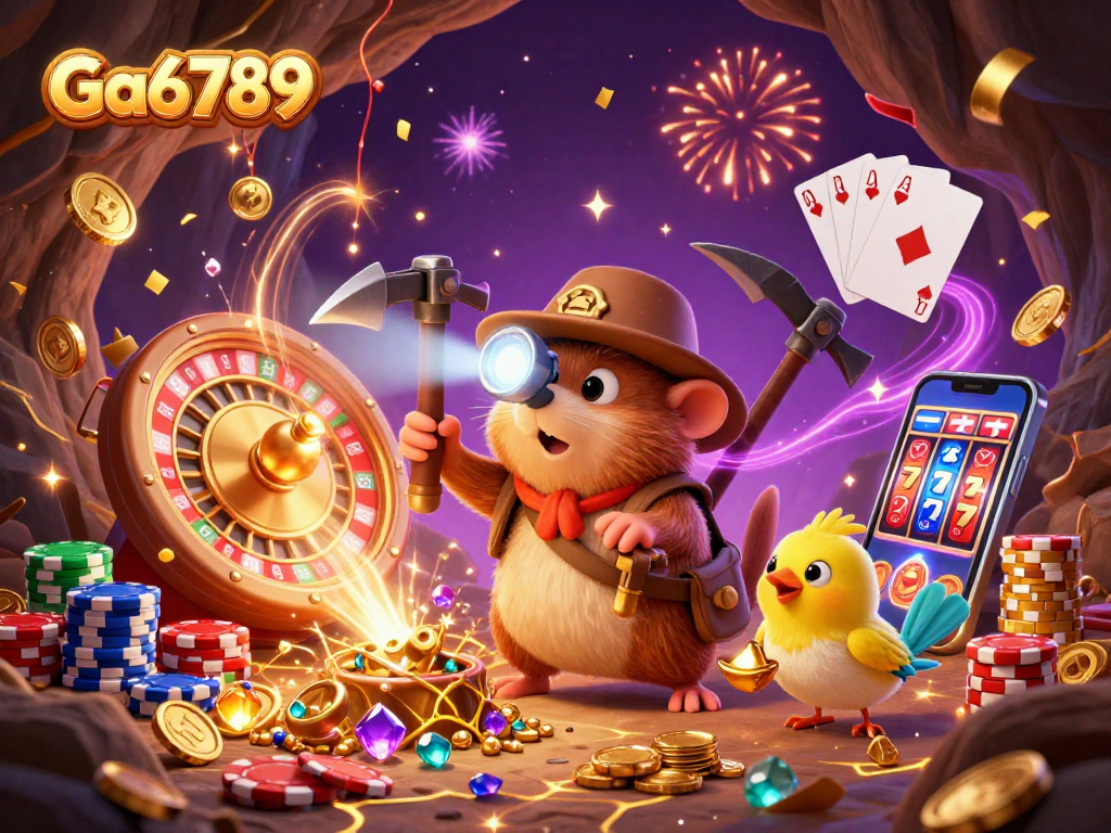 Experience Ga6789 gaming with a vibrant treasure hunter scene, gold coins and roulette excitement.