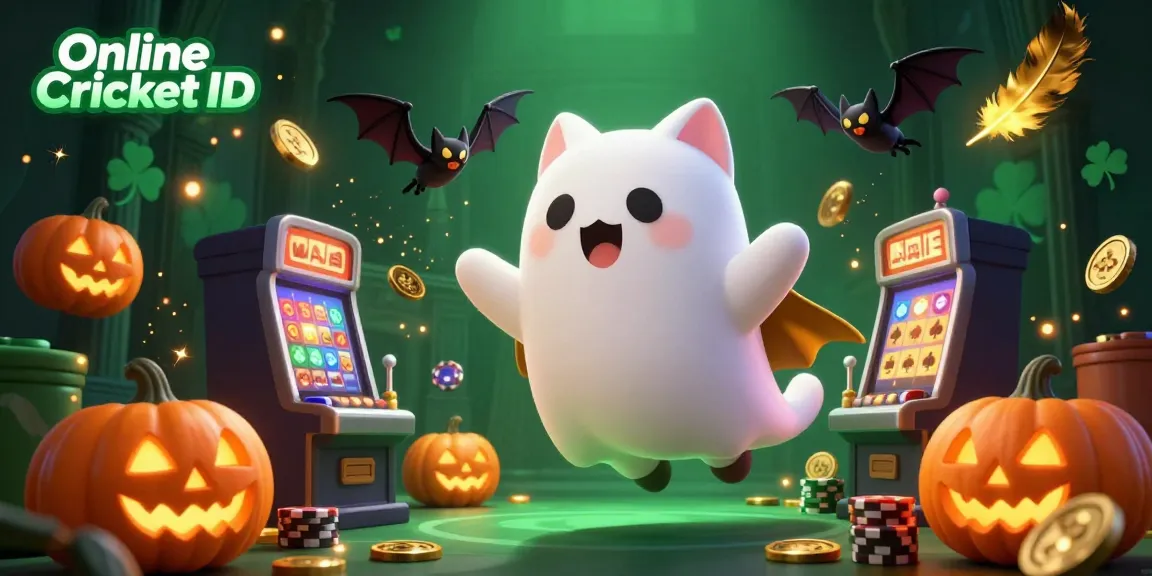 Experience online betting excitement with a vibrant ghost cat and bat in a haunted casino, representing Online Cricket ID.