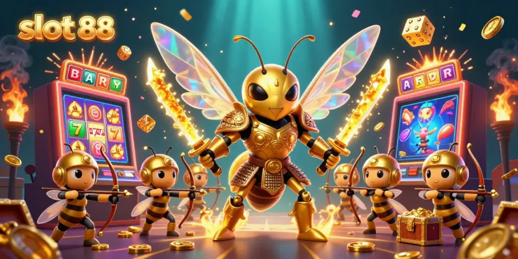 Experience the thrill of slot 88 gaming with vibrant reels surrounded by characters and dynamic casino elements.