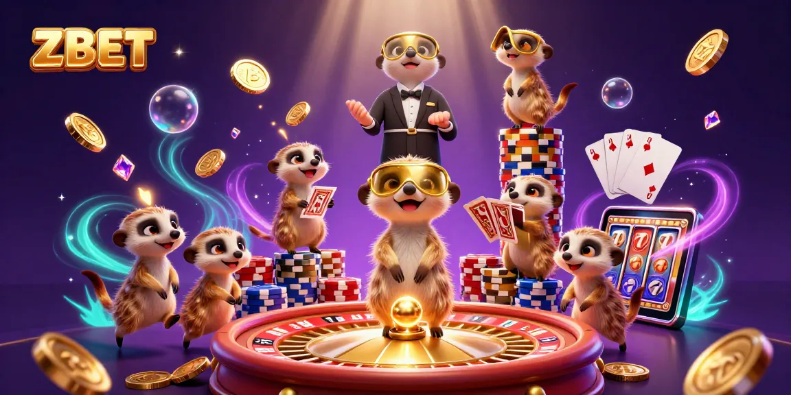 ZBET shows a dynamic meerkat casino scene with playful characters and vibrant gems.