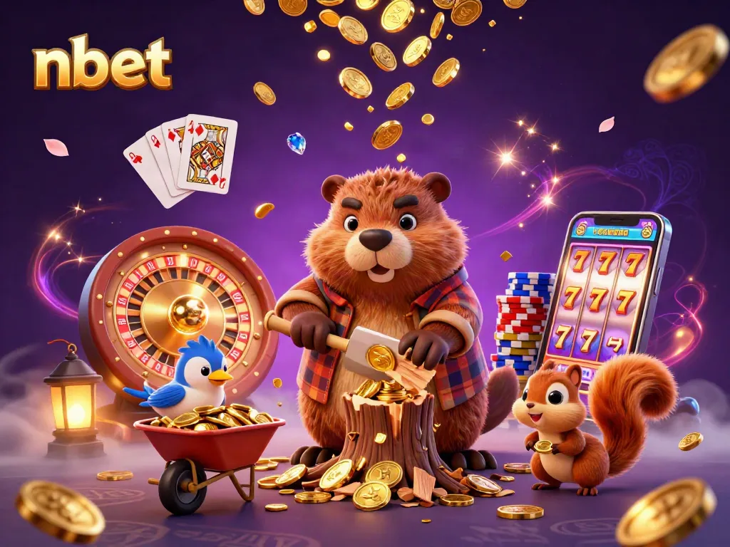Experience thrilling wins at nbet with a lively casino scene filled with animated characters collecting coins.