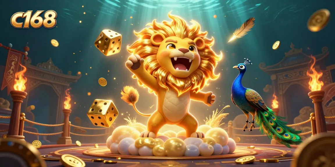 Experience thrilling gameplay with c168 in this vibrant casino-inspired 3D illustration featuring dice and gold.