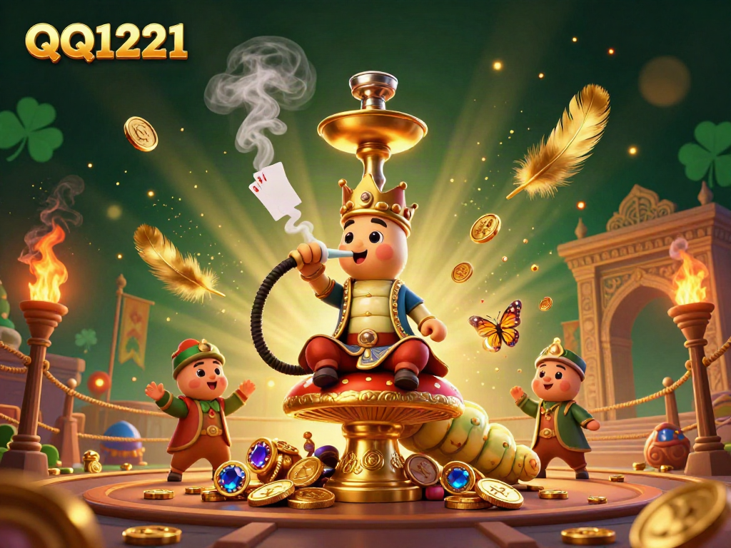 Engage in QQ1221 magic with a vibrant, 3D illustration of a whimsical caterpillar master at a casino throne.