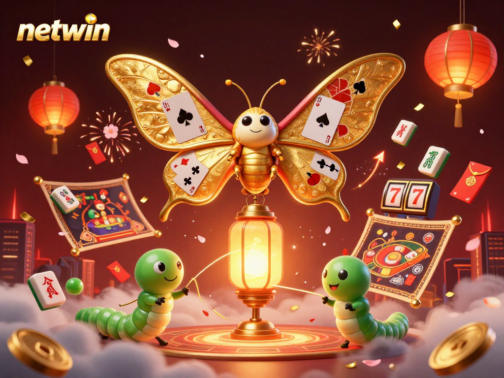 Engage with thrilling gameplay at netwin featuring a vibrant 3D scene with a dazzling atlas moth and casino elements.