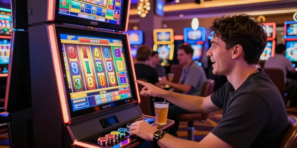 Player enjoying a slot machine game amidst a colorful casino atmosphere, capturing the excitement of modern gaming.