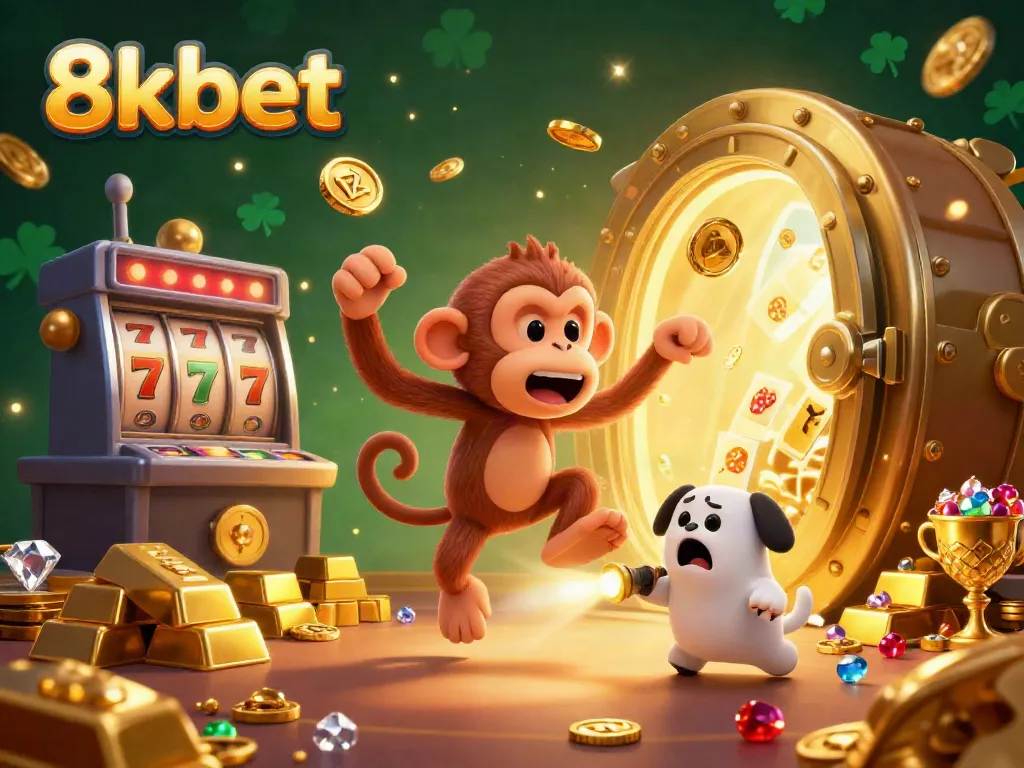 Engaging 3D illustration of 8kbet showcasing a playful poltergeist monkey juggling casino tokens in a vibrant slot-filled scene.