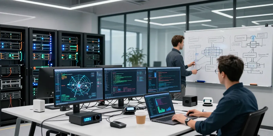 IT professional analyzing edge computing data in a modern data center with multiple screens.