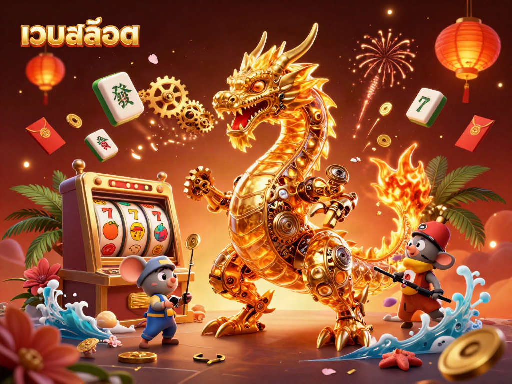 Experience exhilarating เว็บสล็อต action with a golden dragon and slot reels in a vibrant casino setting.