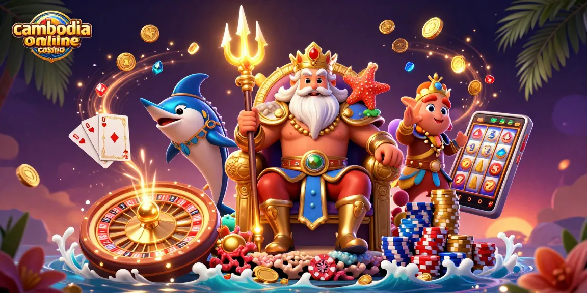 Cascade of excitement at cambodia online casino with animated sea king and dynamic casino elements.