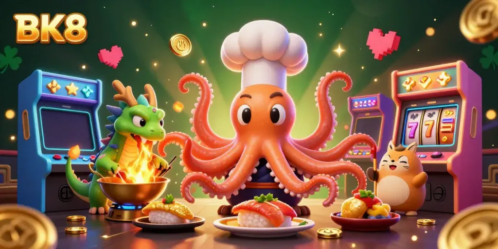 Experience vibrant gaming action at BK8 with an octopus chef, dragon companion, and tanuki in a detailed casino setting.