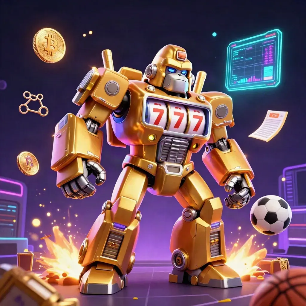 Golden gorilla mech with tiny monkey pilot, neon coins, lightning, and casino glow