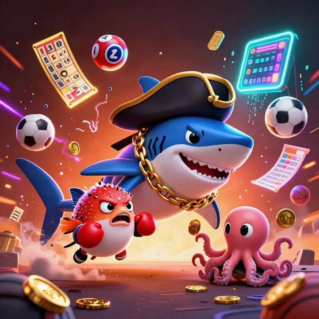 Pirate shark, pufferfish, and baby octopus amid casino props, neon streaks, and ember glow.