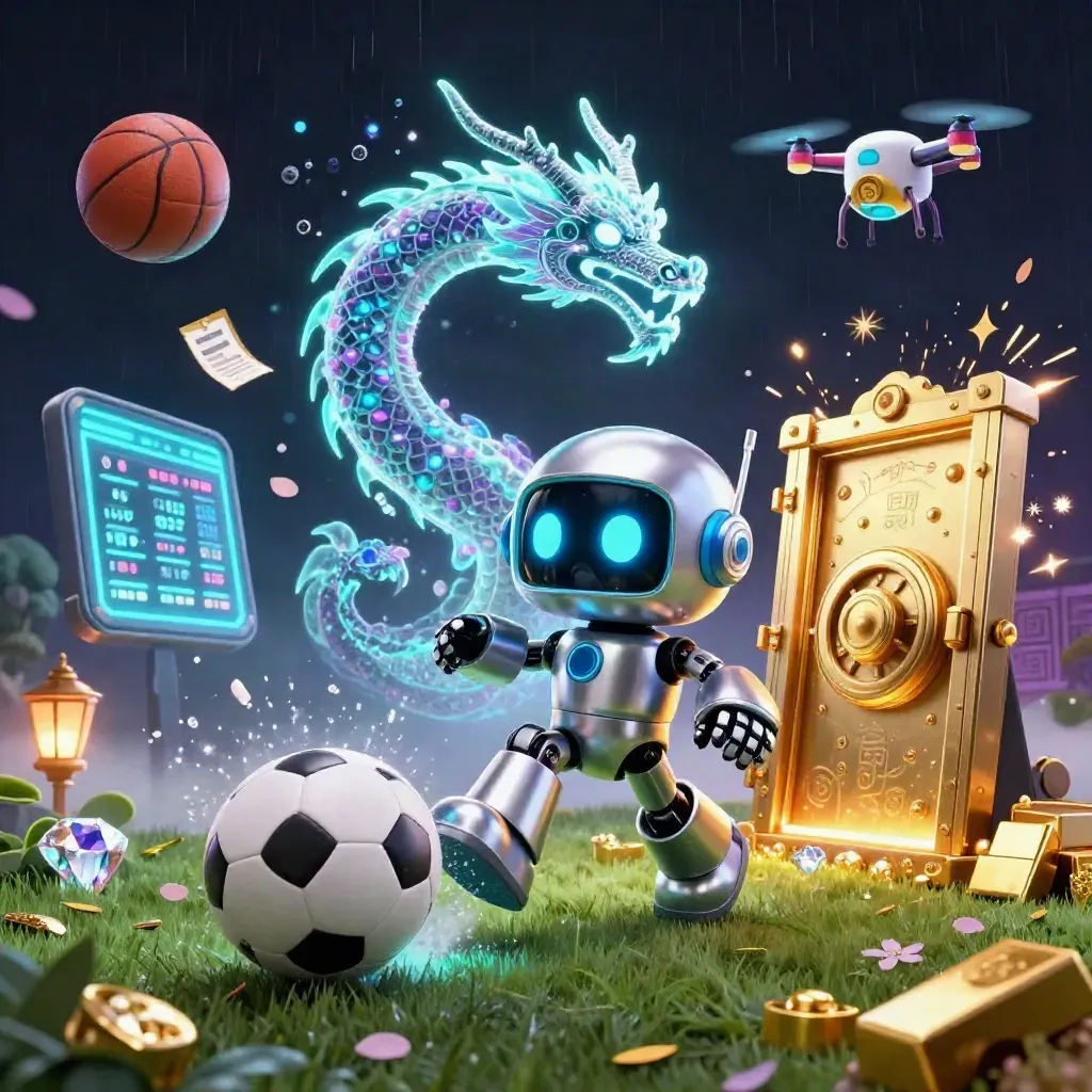Cyberpunk robot, holographic dragon and drone over a soccer strike, vault light and gold.