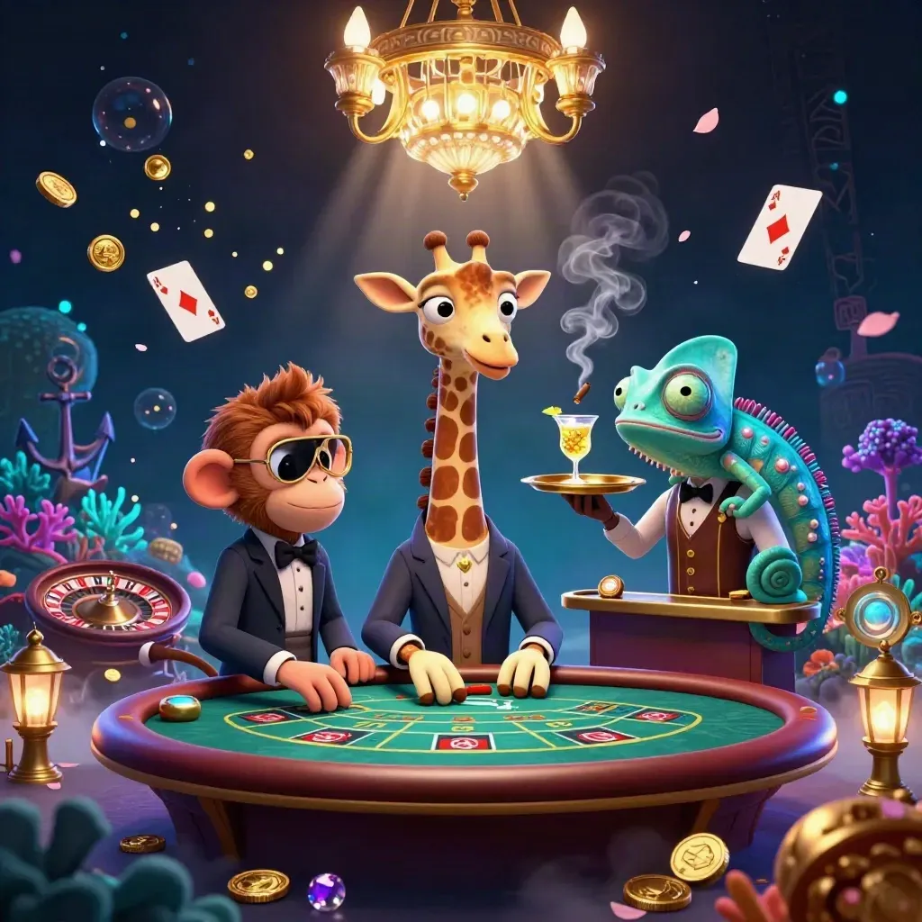 Giraffe high roller, monkey valet, and chameleon bartender in a glowing casino treasure cove.