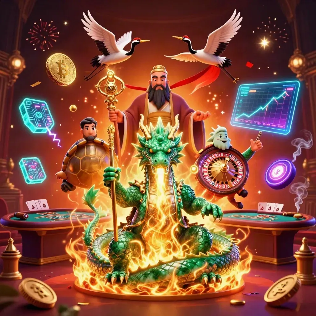 Jade dragon, turtle sage, and cranes amid casino magic, neon coins, fire, and fireworks.