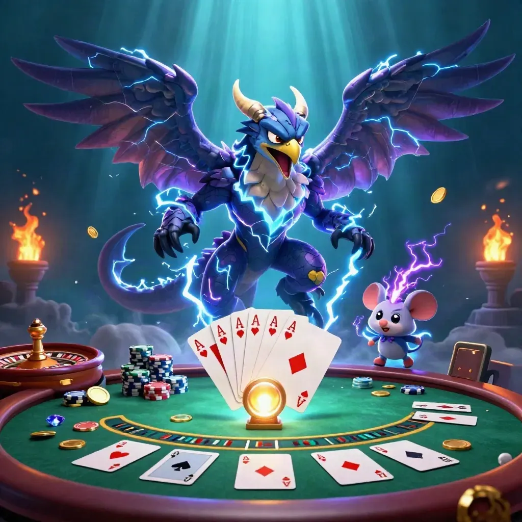 Thunder dragon, wind hawk, and thunder-mouse over a glowing casino table in neon light.