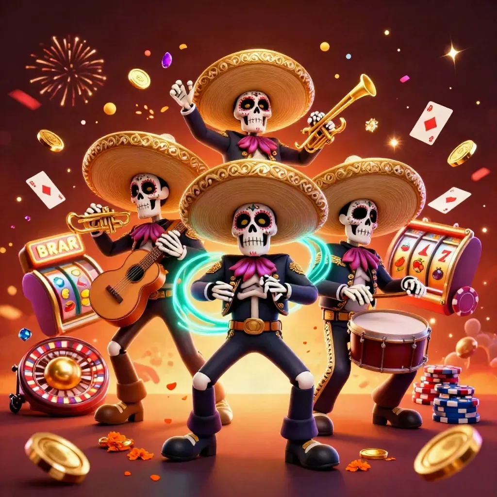 Day-of-the-Dead mariachi skeleton trio blasting out coins, gems, cards and neon casino magic