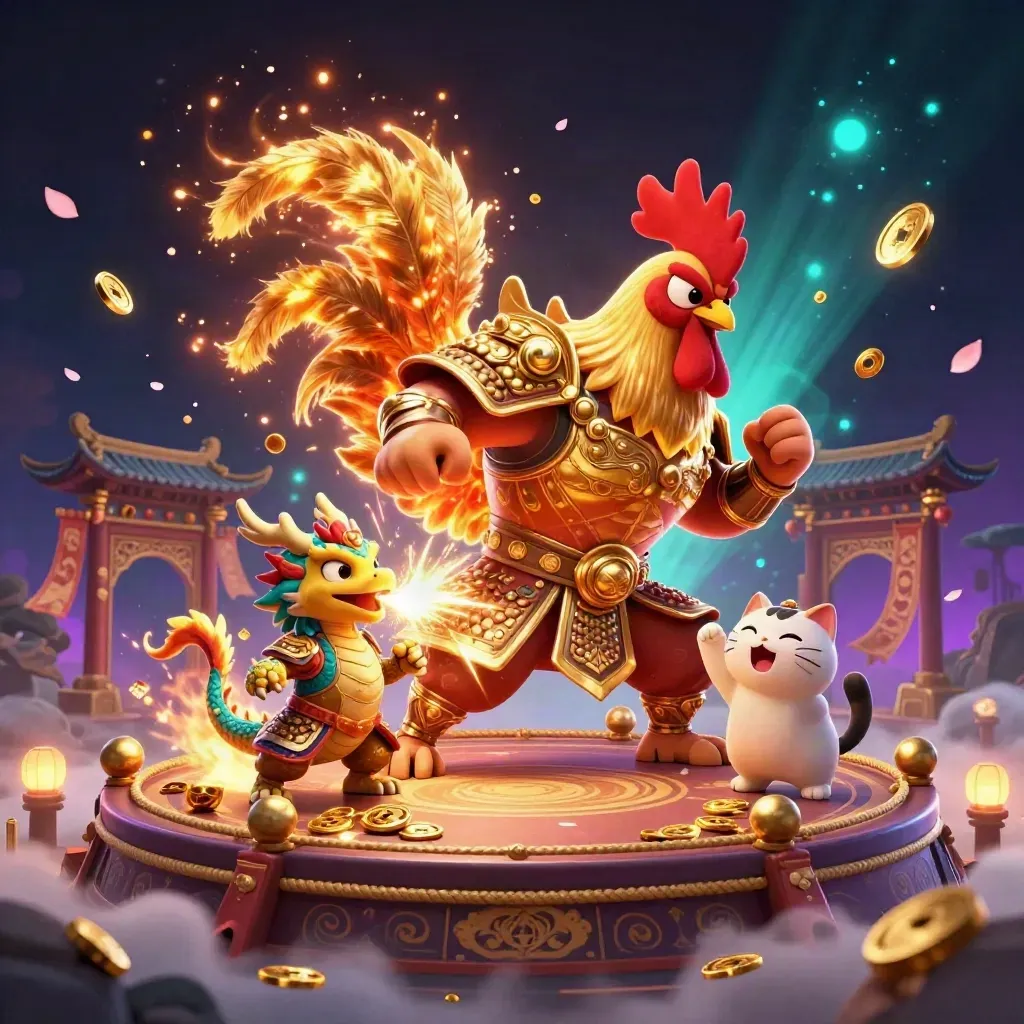 Rooster warrior, dragon hatchling, and fortune-cat burst through a glowing temple ring.