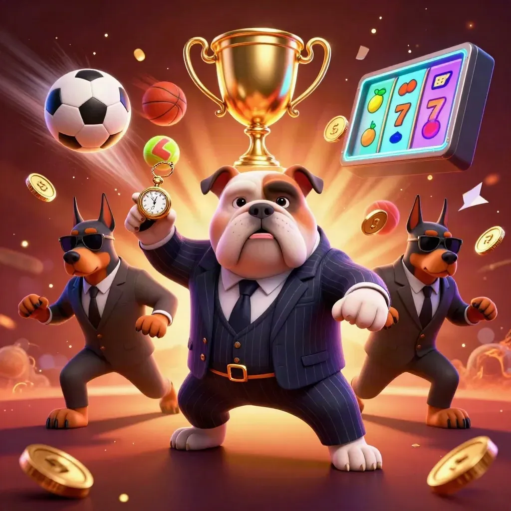 Bulldog mob boss and Doberman guards amid flying sports balls, trophy, coins, and neon casino glow.