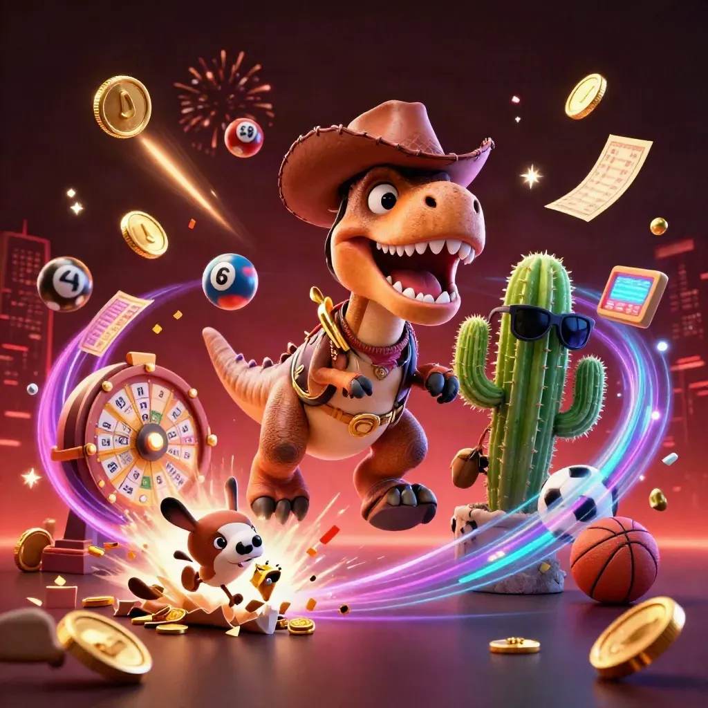 Cowboy T-Rex, cactus sidekick, and sheriff roadrunner burst through gold coins in neon casino light.
