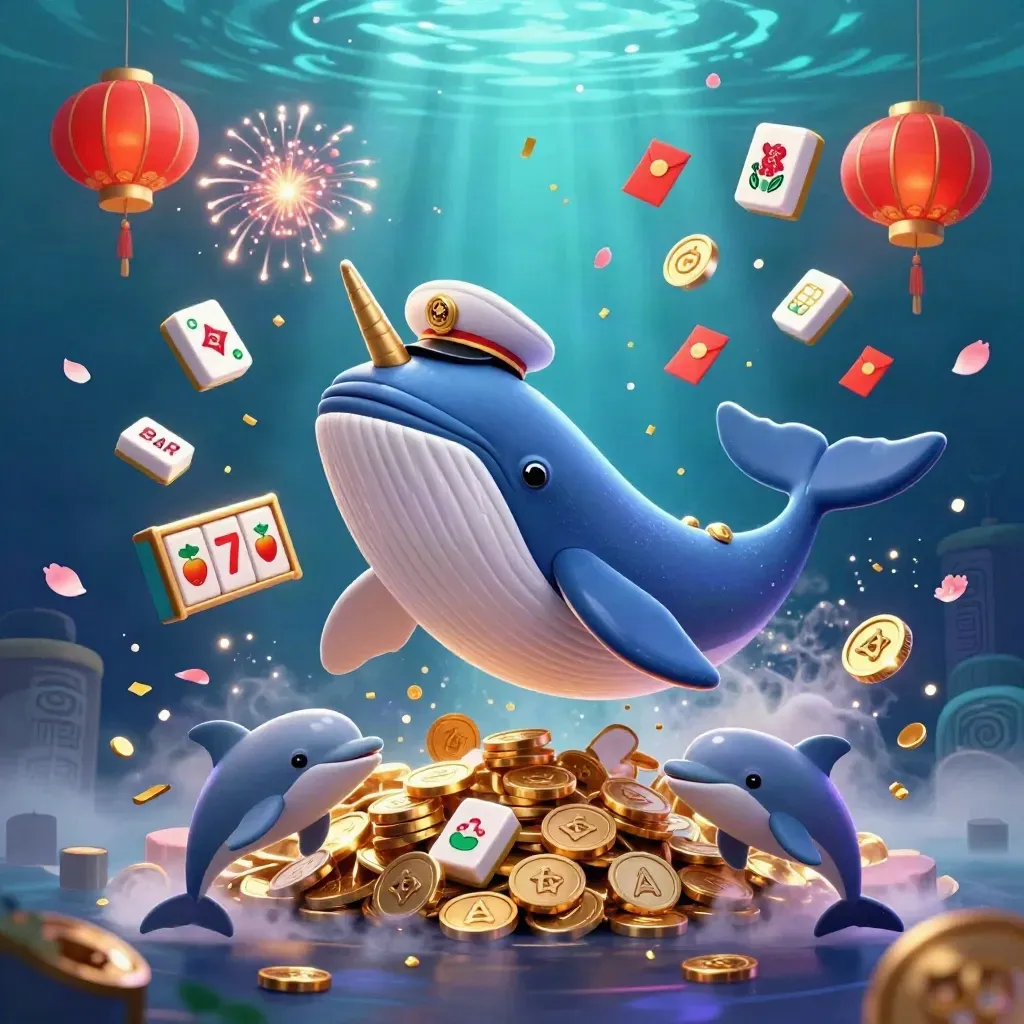 Captain whale, narwhal and dolphins surge through gold coins with slot reels, lanterns, and jackpot glow.