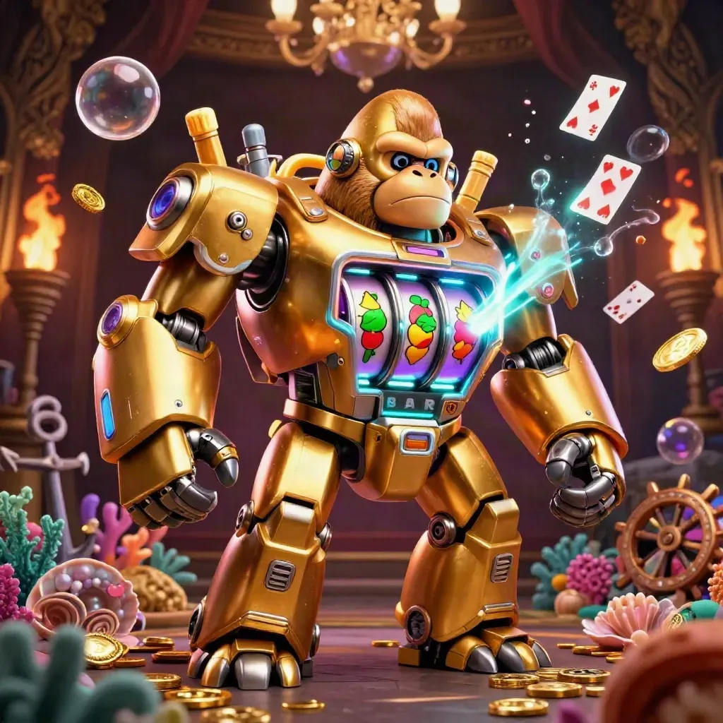 Golden gorilla mech slot hero with tiny monkey pilot, coins, coral, and casino relics in neon glow.