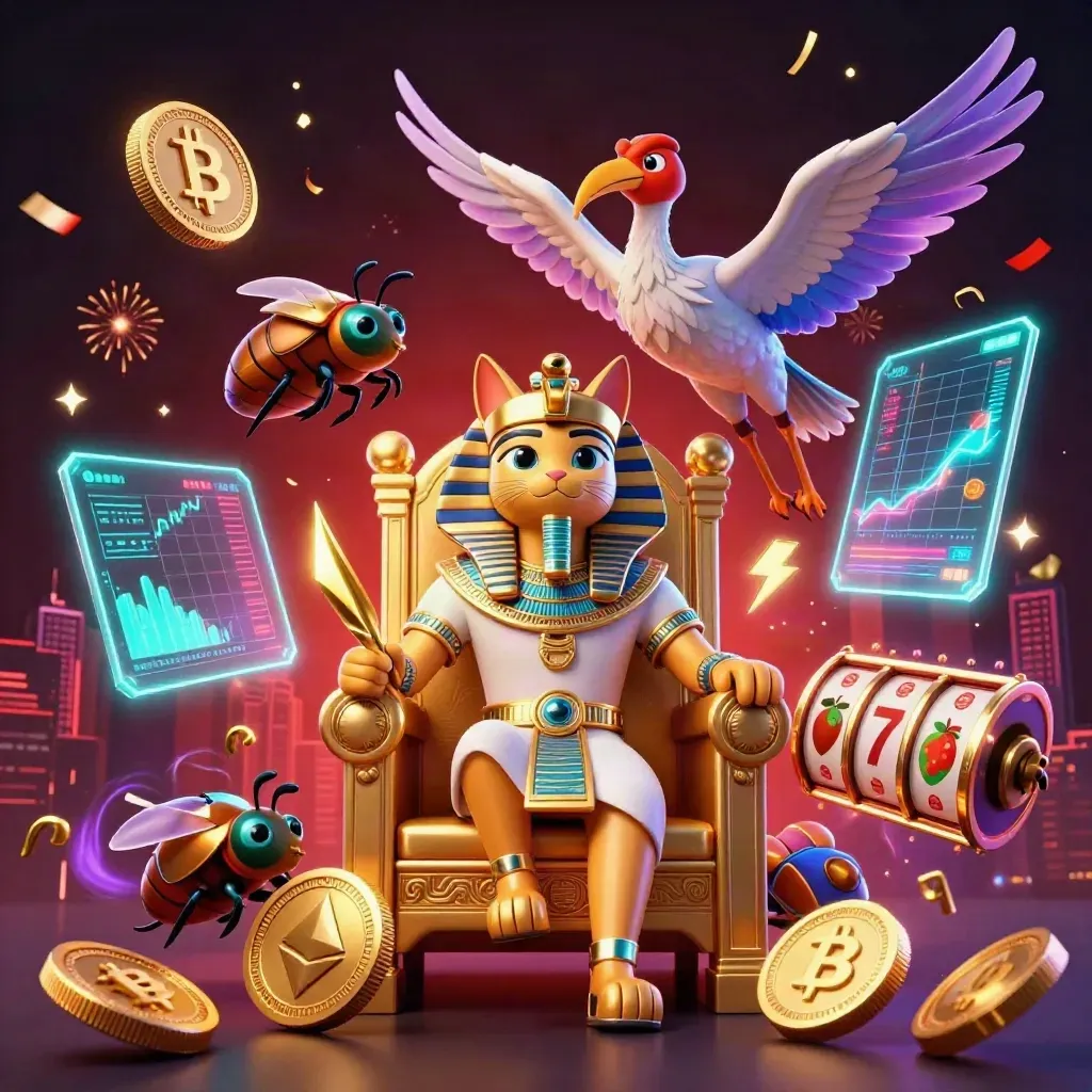 Pharaoh cat on a throne with ibis scribe, scarabs, coins, and neon casino effects