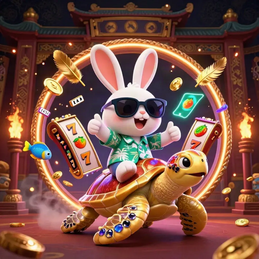 Lucky rabbit rides a golden turtle amid slots, coins, torches, and tropical fish in neon casino style.
