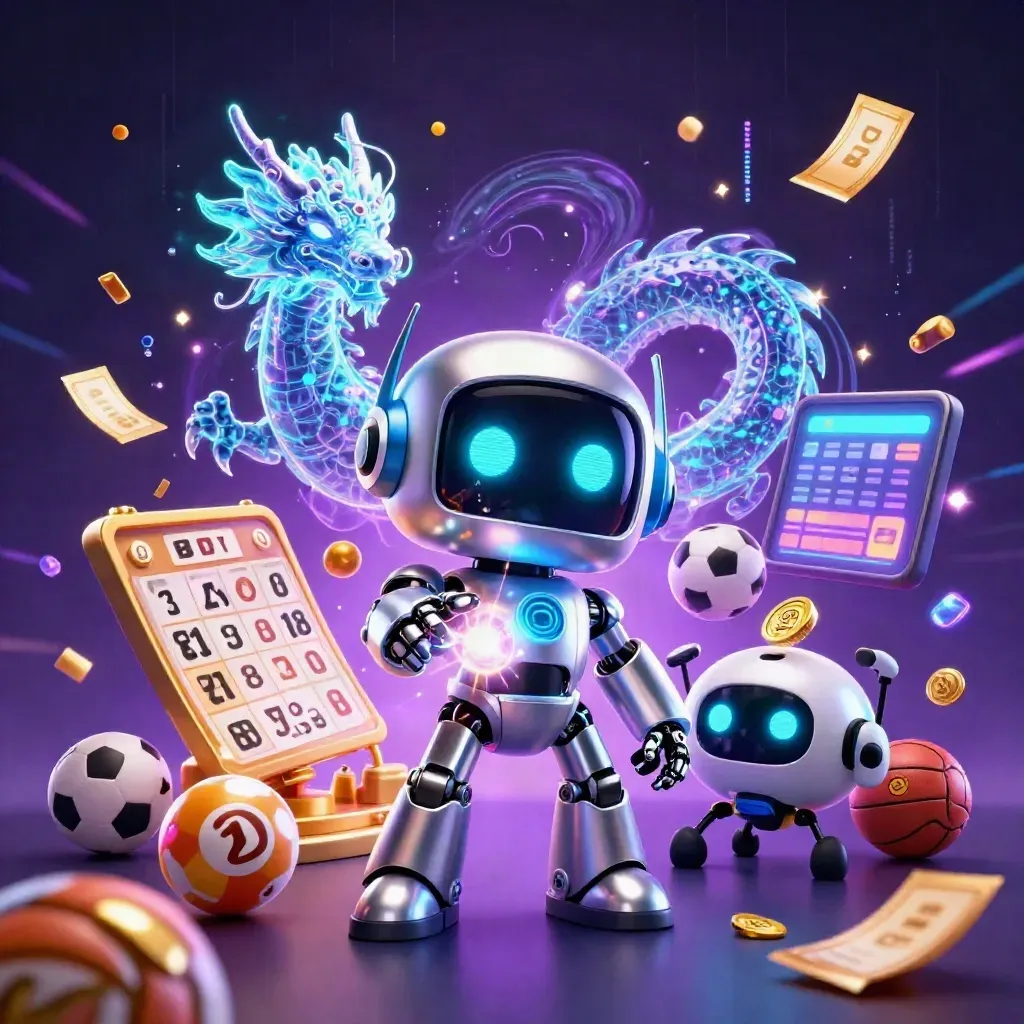 Cyberpunk robot, holographic dragon and coin drone amid jackpots, balls and neon casino effects.