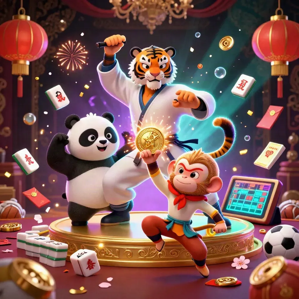 Kung-fu tiger, panda, and monkey crowd around a golden medal amid neon casino effects.