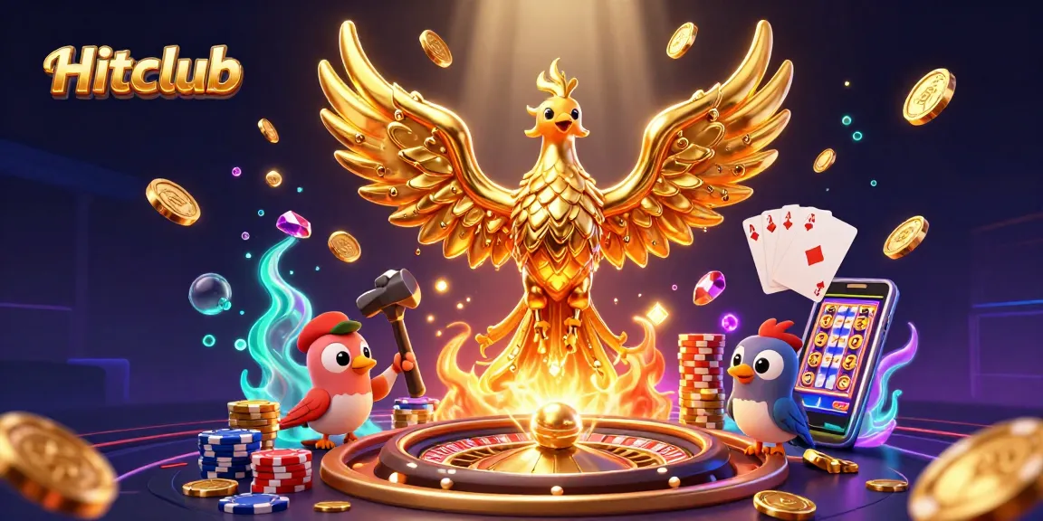Spin and win at Hitclub with a golden phoenix showering coins in a vibrant casino scene.