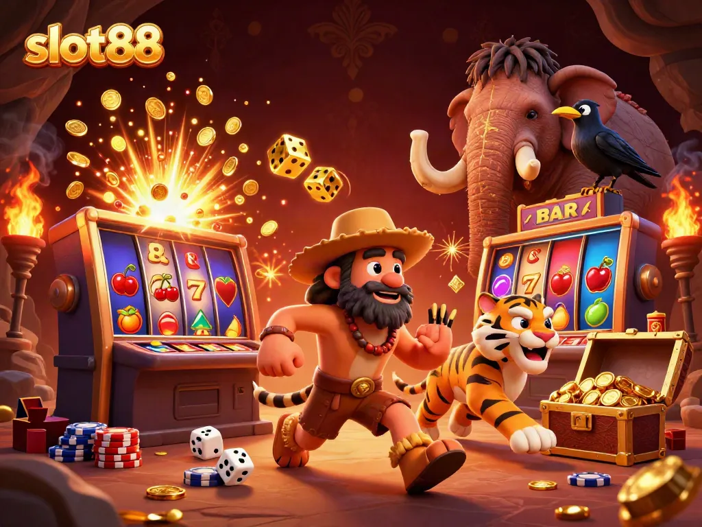 Permainan slot88 dengan karakter prasejarah dalam kasino kuno, penuh simbol keberuntungan dan keceriaan.